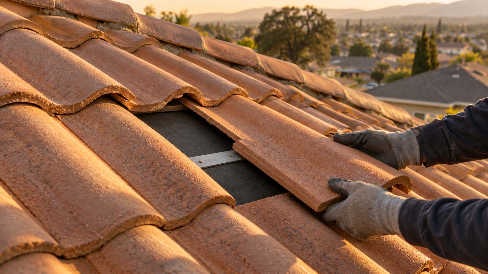 Gloved hands fitting an intact replacement tile into a terracotta roof