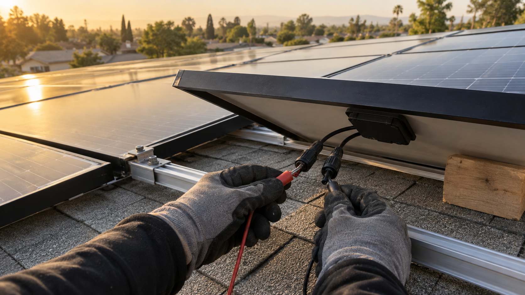 Illustrative close-up of gloved hands checking solar panel connections